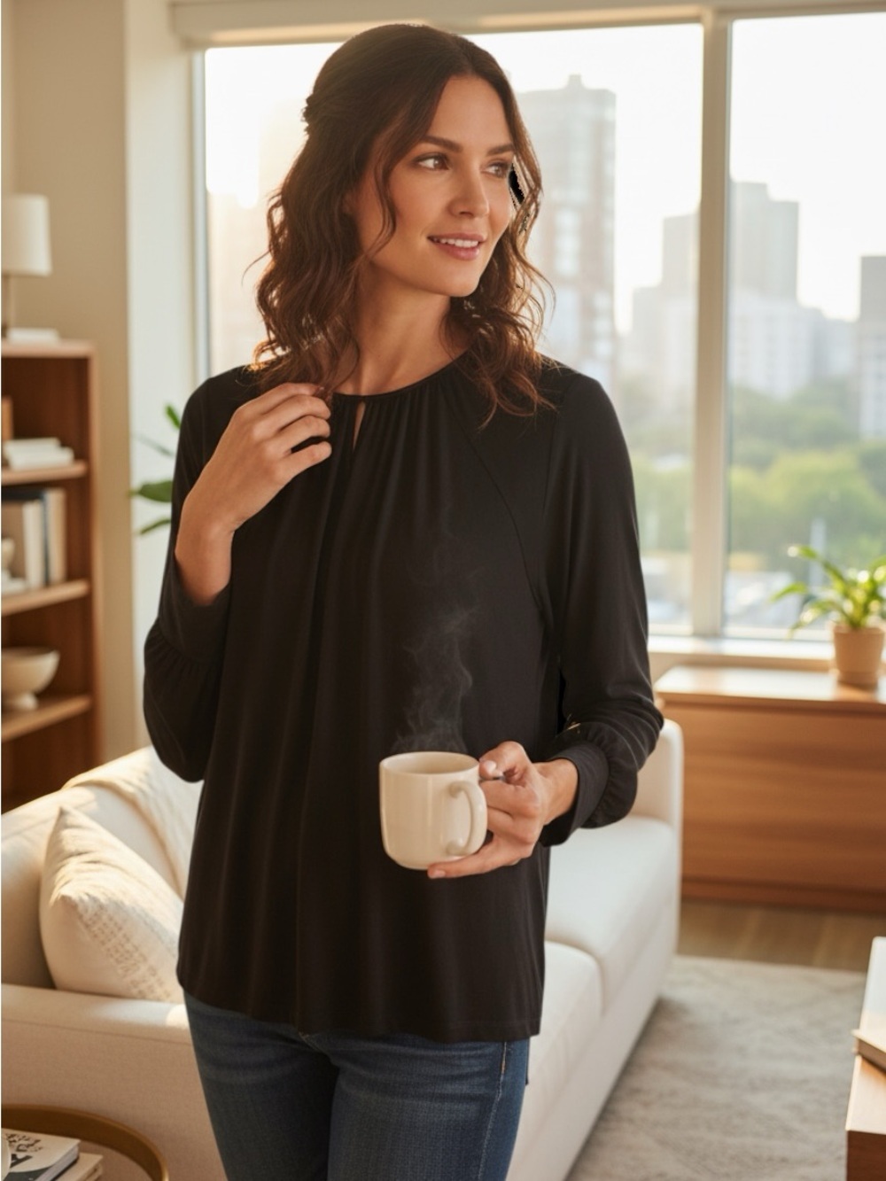 Ralph Lauren Navy Long Sleeve Gathered Yoke Top